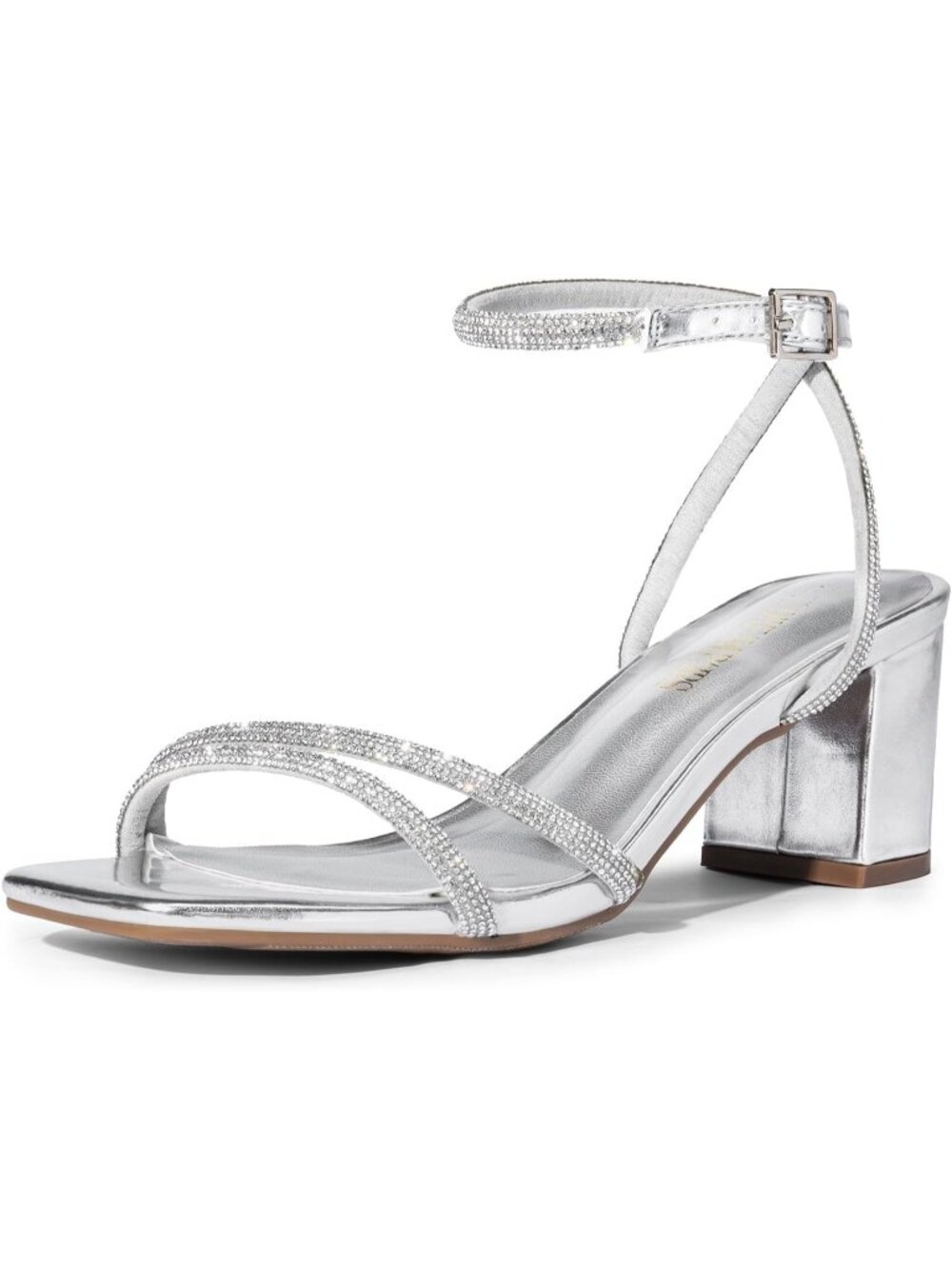 Women's Silver Faux Leather Square-Toe Chunky Block Ankle Buckle Heeled Sandals